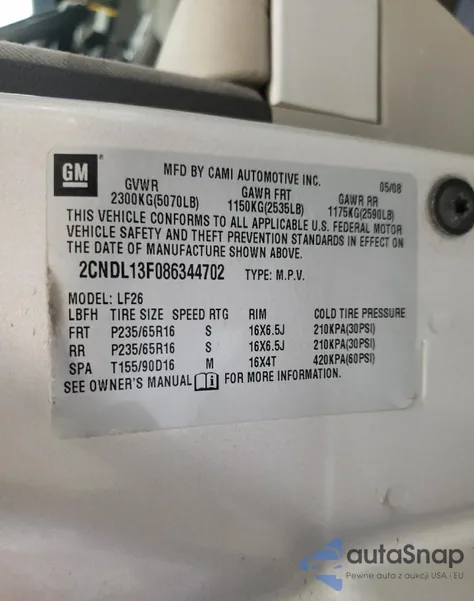 2008 Chevrolet Equinox Ls from USA, damaged, VIN 2CNDL13F086344702